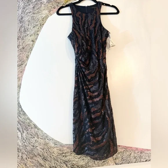 NWT David Meister Brown Black animal pattern sequin shift midi dress 4 - Picture 3 of 4